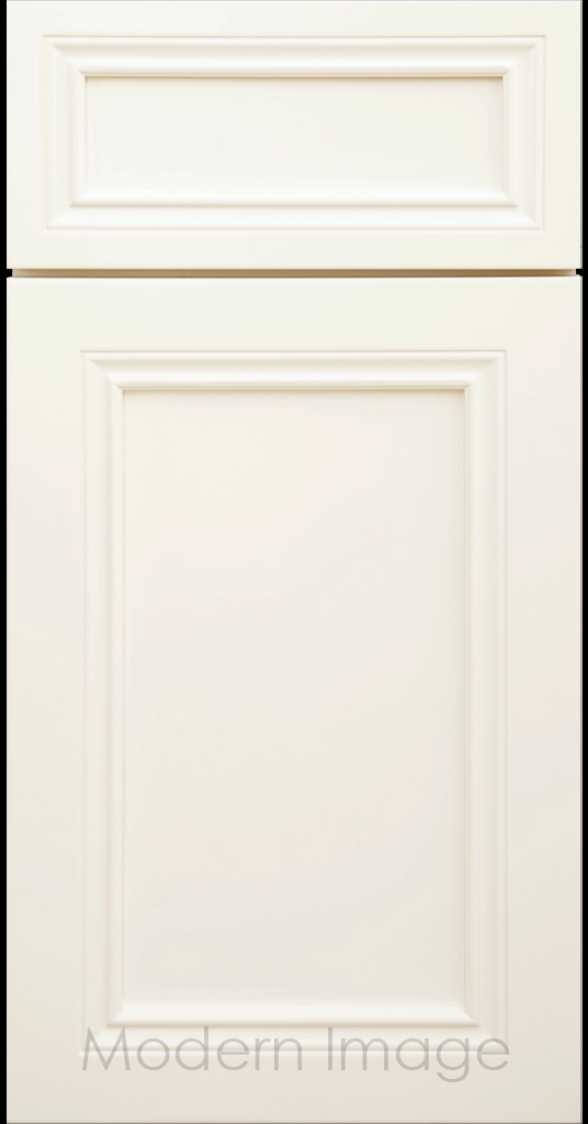 Close-up of Corona cabinets in Vanilla matte with mitered molding and flat center panel.
